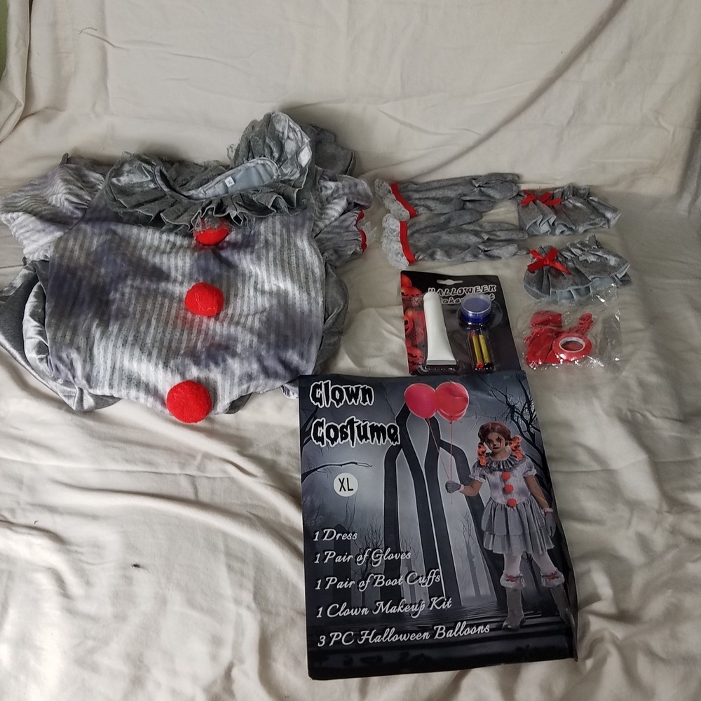 Halloween Creepy Clown Costume Dress Set Girls XL Scary Movie Cosplay pennywise